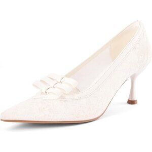 Sicare Kitten Heels Synthetic White Pumps Closed Pointed Toe Mesh Lace Heels